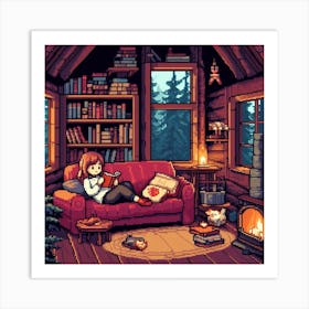 Pixel Art Cozy Cabin Reading room Art Print