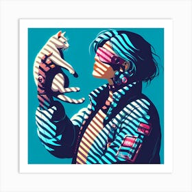 Neon Girl With Cat 1 Art Print