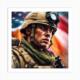 Soldier In Front Of The American Flag Art Print