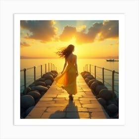 Woman Walking On A Pier At Sunset Art Print