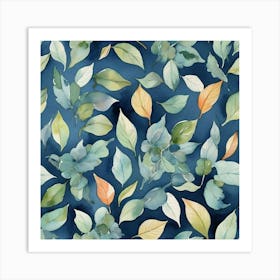 Watercolor Leaves On Blue Background Art Print 3 Art Print