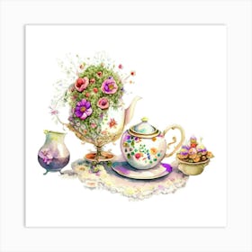 Teapot And Flowers Art Print