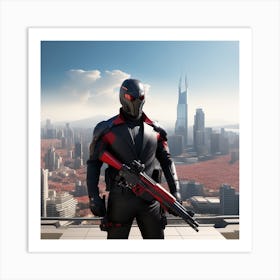 The Image Depicts A Man In A Black Suit And Helmet Standing In Front Of A Large, Modern Cityscape 5 Art Print