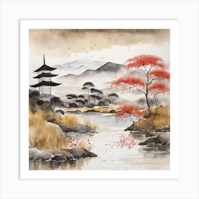 Japanese Landscape Painting Sumi E Drawing (17) Art Print