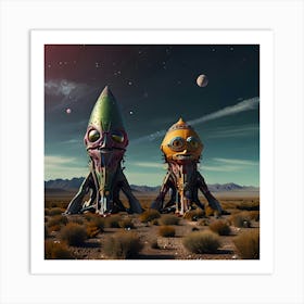 Colorful Ugly Alien Creatures Next To Spaceship From Outer Space Art Print