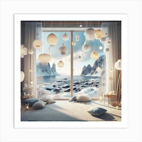 Winter Wonderland with sea and rocks view panoramic window and lots of lamps Art Print