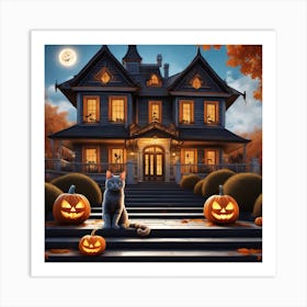 Halloween House With Cat And Pumpkins 2 Art Print