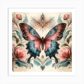 Vintage Ornate Butterfly on Flowers III Art Print