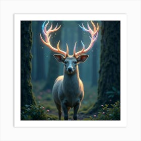 A Mythical Deer With Antlers Of Shimmering, Celestial Ribbons Standing In A Magical Forest Art Print