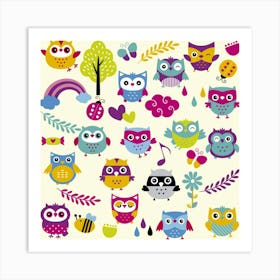 Funny Colorful Owls Art Print