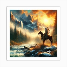 Oil Texture Native American Indian On Horseback In The Mountains 5 Copy Art Print