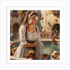 Lady And Her Dogs Art Print