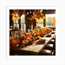 Autumn Table Decor Sprawling Across A Rustic Wooden Table Scattered Bright Orange Pumpkins Accompan (3) Art Print