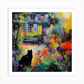 Black Cat In Monet Garden 5 Art Print