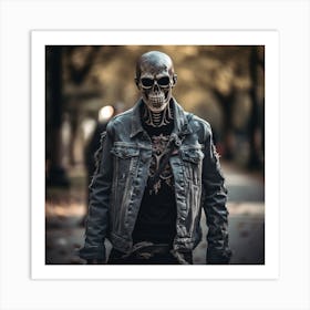 Skeleton In Denim Jacket 1 Art Print