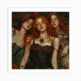 Three Ginger Girls Sleeping In The Grass Art Print