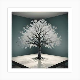 A Stark, Minimalist Image Of A White, Leafless Tree Placed On A Table In A Corner, Illuminated By A Single Light Source Art Print