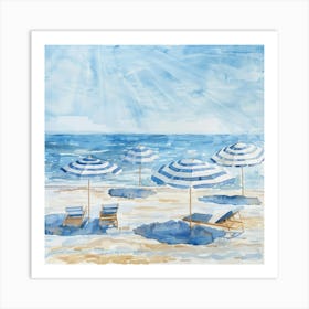 Blue Umbrellas On The Beach 4 Art Print