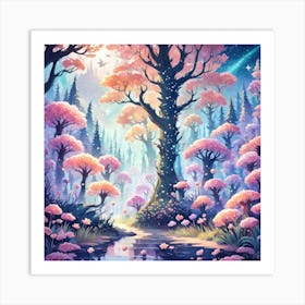 A Fantasy Forest With Twinkling Stars In Pastel Tone Square Composition 23 Art Print