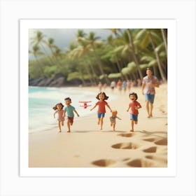 Hawaii Happy Family And Beach With Happy Children Running Toy Airplane And Freedom 0 Art Print