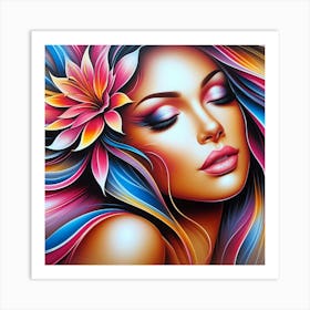 Colorful Girl With Flower Art Print