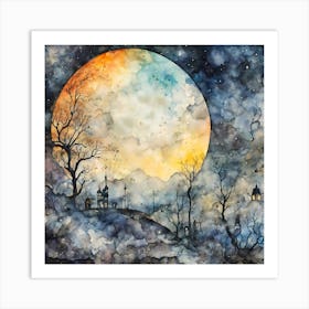 Smooth Water Color Painting of a Full Moon Night in a old medival Village near a Forest Art Print