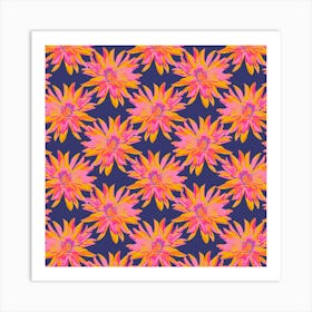 DAHLIA BURSTS Multi Abstract Blooming Floral Summer Bright Flowers in Fuchsia Pink Yellow Purple on Dark Blue Art Print