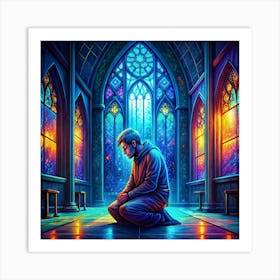 Man Kneeling In A Mosque With Stained Glass Windows Art Print