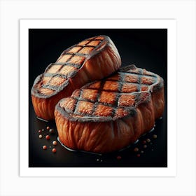 Steaks On Black Background Art Print