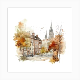 Watercolor Autumn City Street 1 Art Print