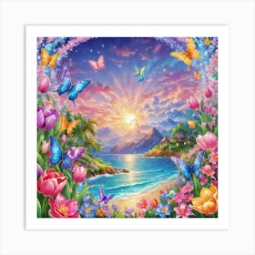 Sunset With Butterflies Art Print