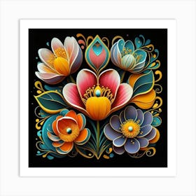 Abstract art of exotic flowers with vibrant abstract hearts in their designs, hearts, 8 Art Print