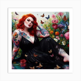 Woman With Red Hair | Flowers | Water | Colorful 1 Art Print