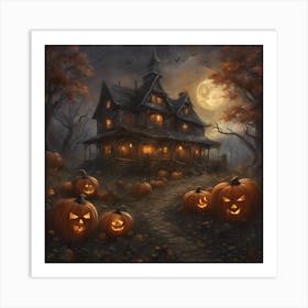 Halloween atmosphere, scary house and pumpkin Art Print