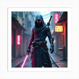 Futuristic Ninja With Neon Weapons And Sleek Armor In An Urban Alley 1 Art Print