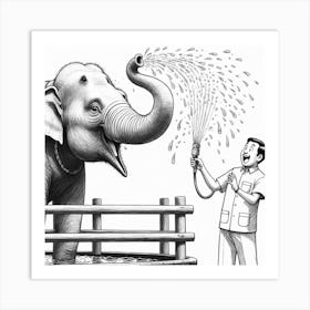 Man Watering An Elephant Art Print