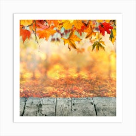 Autumn Leaves On Wooden Background Premium Photo Art Print