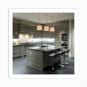 A Stunning, Fully Fitted Kitchen Exudes Sophistication In A Soothing Palette Of Neutral Grey And Charcoal, With Sleek, High Gloss Cabinets That Reflect The Soft, Warm Lighting 1 Art Print