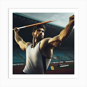 An Athlete Throwing A Javelin On A Sports Field Art Print