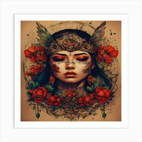 Woman With Red Roses Art Print