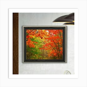 Autumn Frame Embracing Bright Foliage Maple Leaves Transitioning From Green To Vivid Shades Of Oran (1) Art Print