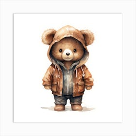 Watercolour Cartoon Brown Bear In A Hoodie 2 Art Print