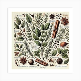 Herbs & Spices Culinary Printed Art A Beautiful Illustration Of Culinary Herbs And Spices, Perfect For Adding A Warm And Aromatic Touch To Any Restaurant Space Printed Art Art Print