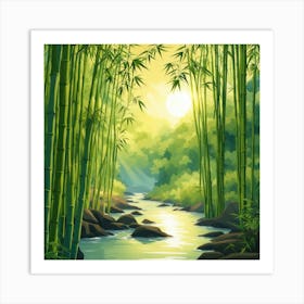 A Stream In A Bamboo Forest At Sun Rise Square Composition 182 Art Print