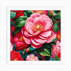 Crimson Camellia in Morning Dew Art Print