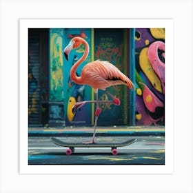 Flamingo On Skateboard 2 Art Print