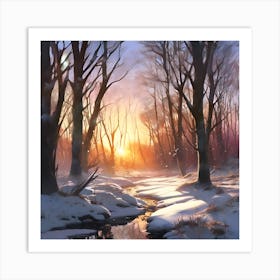 Winter Woodland Stream at Sunset 1 Art Print