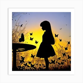 Silhouette Of A Girl With Butterflies 4 Art Print