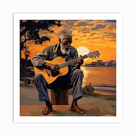 Old Man Playing Guitar At Sunset Art Print