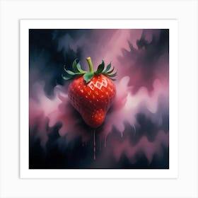 A Single, Red Strawberry With Green Leaves Is Painted Against A Pink And Purple Abstract Background Art Print